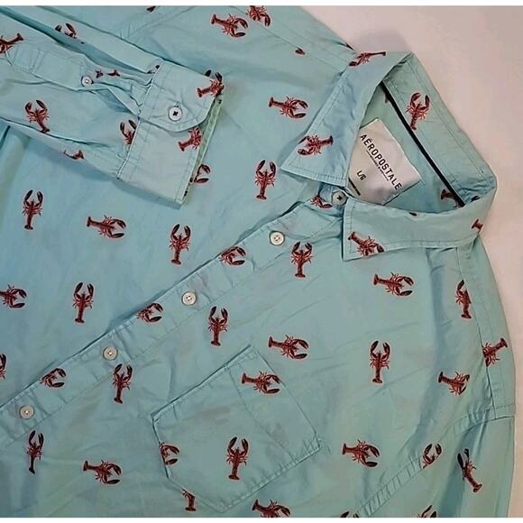 Aéropostale Men’s Lobster Print Shirt Blue/Red Long Sleeve Button Down L - Picture 1 of 5